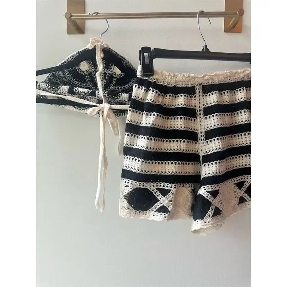 Pol Crochet Knit Halter Top & Shorts Set Striped one size